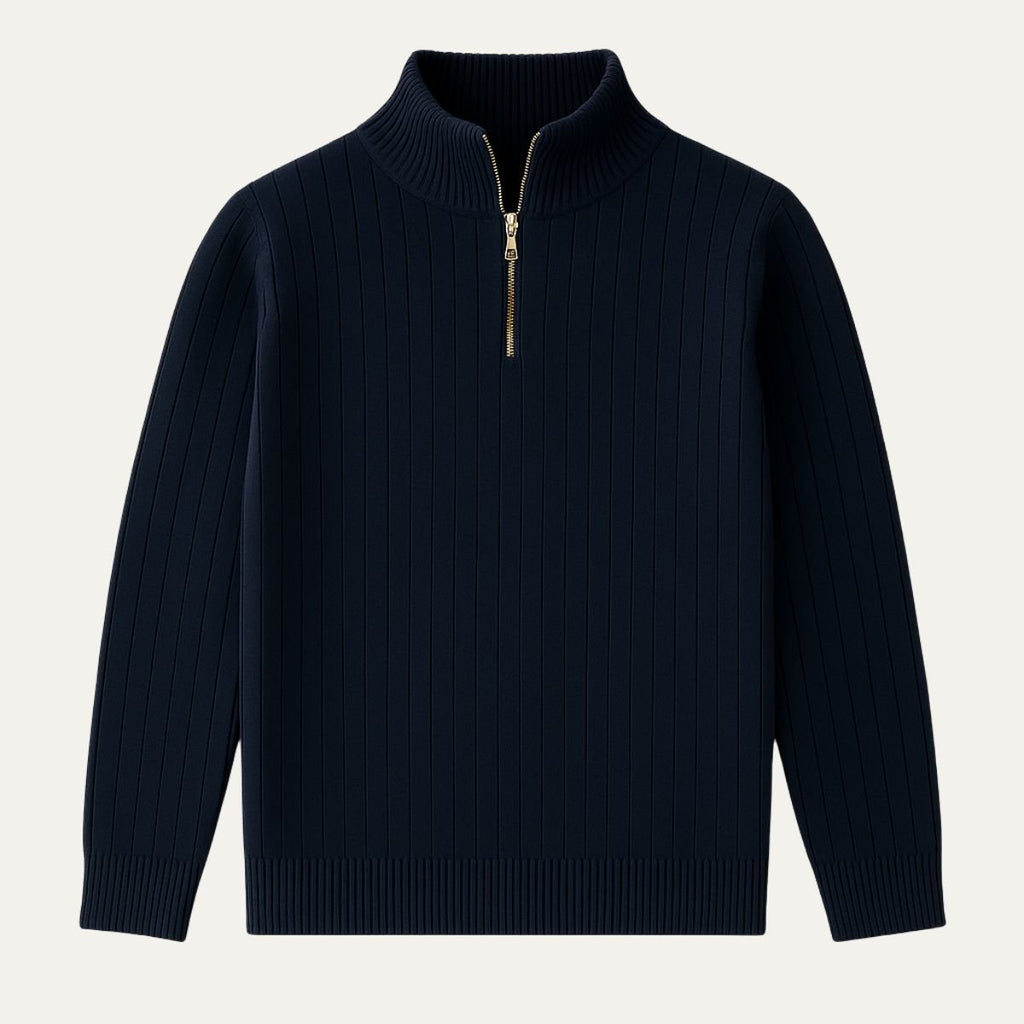 Mens Ribbed Half Zip Jumper With Stand Collar Warm Knit Layer - Nalani - UK Fashion Clothing and Decor