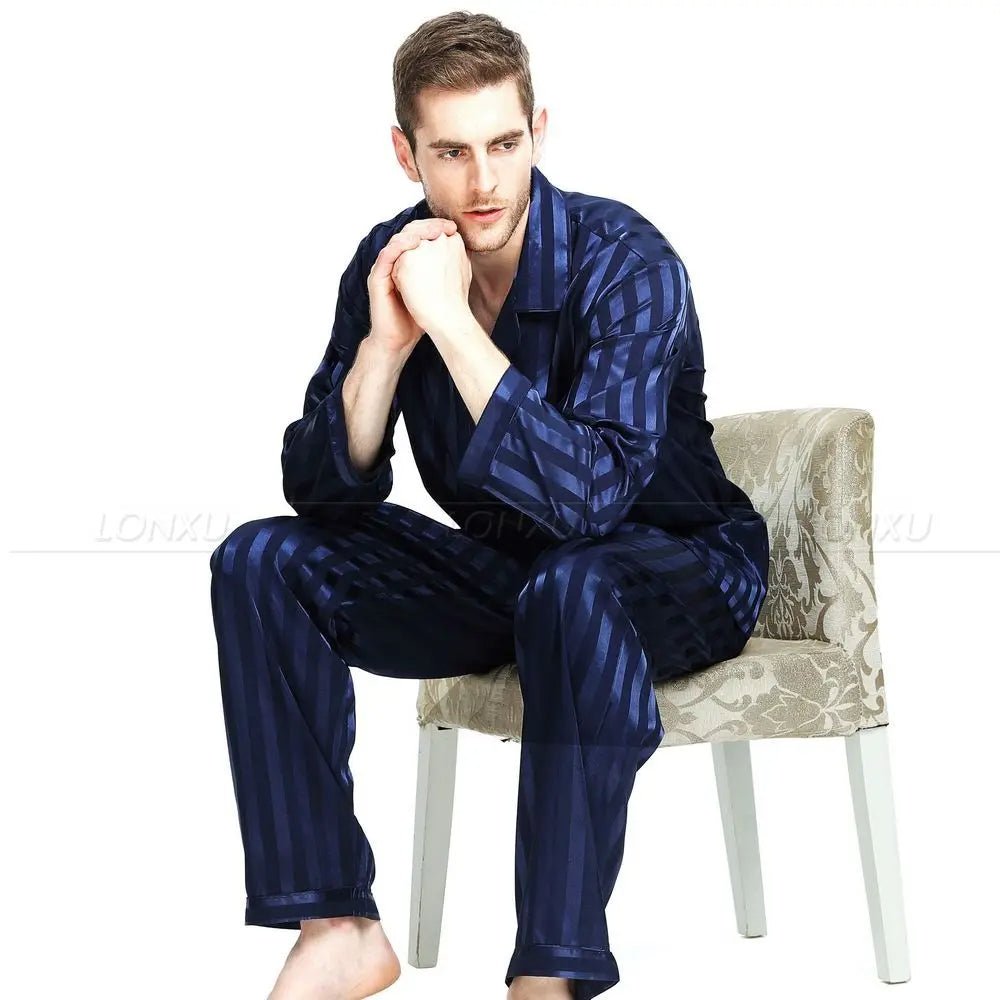 Men's Satin Pajamas – Luxury Striped Silk-Feel Pajama Set for Men, Elegant Sleepwear & Loungewear, 7 Colors, S–4XL – Calico - Nalani - Fashion Clothing and Decor