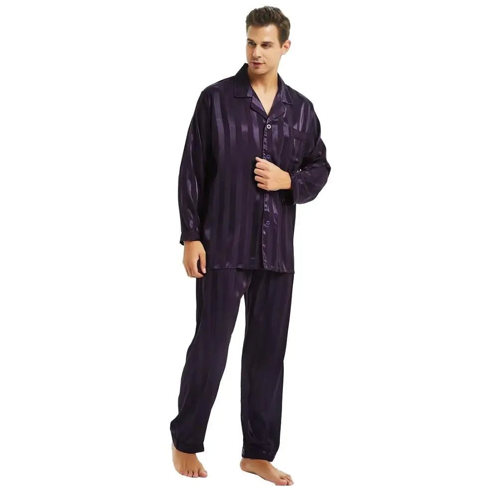 Men's Satin Pajamas – Luxury Striped Silk-Feel Pajama Set for Men, Elegant Sleepwear & Loungewear, 7 Colors, S–4XL – Calico - Nalani - Fashion Clothing and Decor