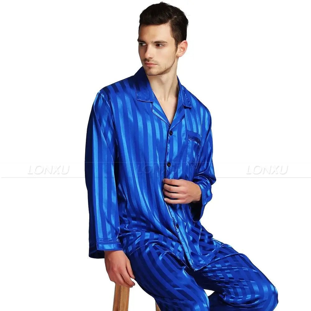 Men's Satin Pajamas – Luxury Striped Silk-Feel Pajama Set for Men, Elegant Sleepwear & Loungewear, 7 Colors, S–4XL – Calico - Nalani - Fashion Clothing and Decor