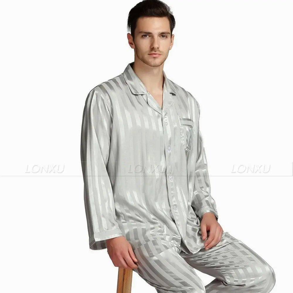 Men's Satin Pajamas – Luxury Striped Silk-Feel Pajama Set for Men, Elegant Sleepwear & Loungewear, 7 Colors, S–4XL – Calico - Nalani - Fashion Clothing and Decor