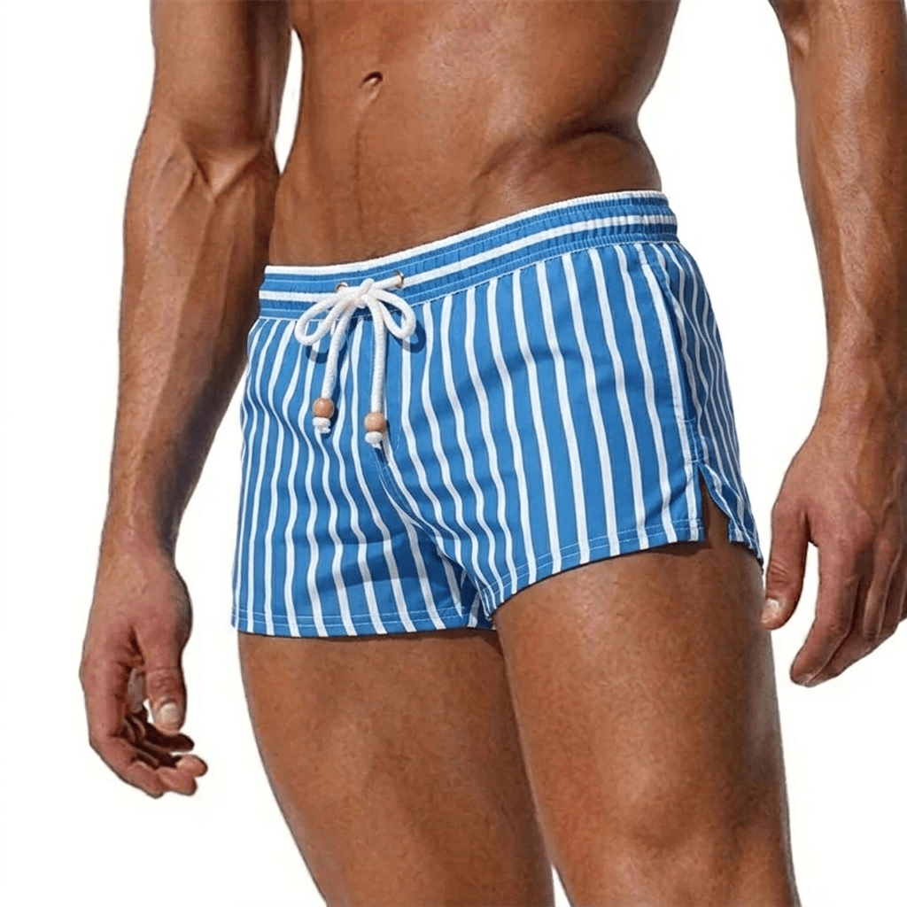 Men's Striped Swim Shorts - Drawstring Waist and Quick - Dry Fabric - Nalani - Fashion Clothing and Decor