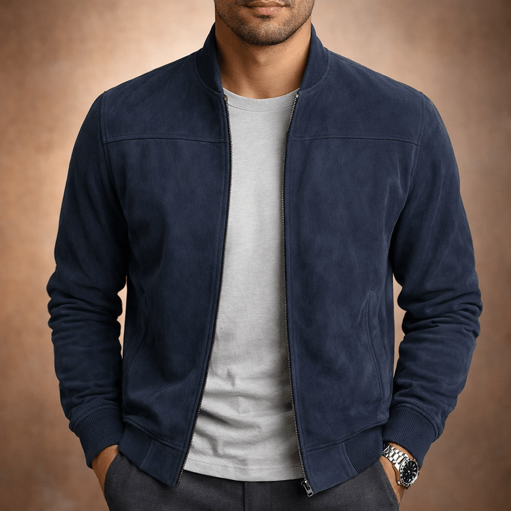 Men's Suede Bomber Jacket - Lightweight Casual Zip Coat - Nalani - Fashion Clothing and Decor