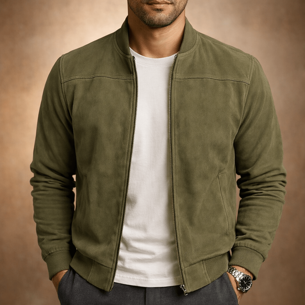 Men's Suede Bomber Jacket - Lightweight Casual Zip Coat - Nalani - Fashion Clothing and Decor