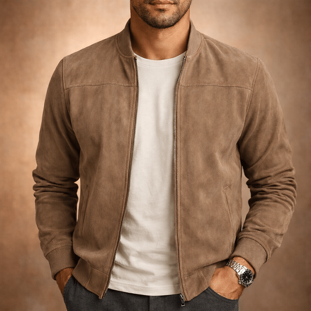 Men's Suede Bomber Jacket - Lightweight Casual Zip Coat - Nalani - Fashion Clothing and Decor