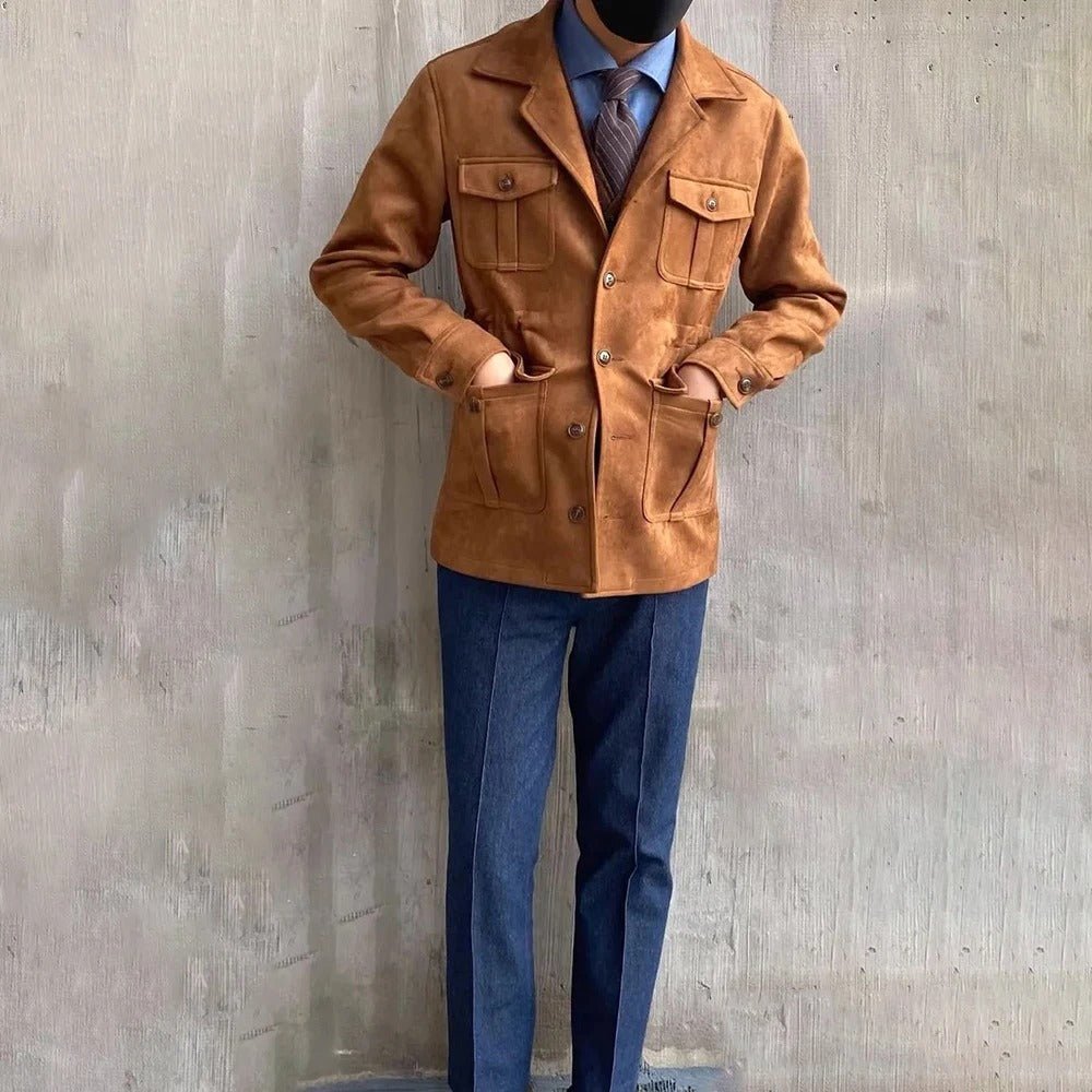 Men's Suede Look Field Jacket With Notch Collar And Four Pockets - Nalani - Fashion Clothing and Decor