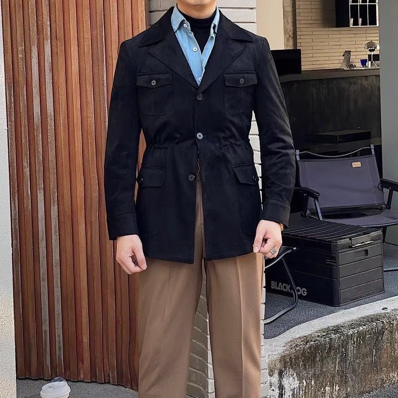 Men's Suede Look Field Jacket With Notch Collar And Four Pockets - Nalani - Fashion Clothing and Decor