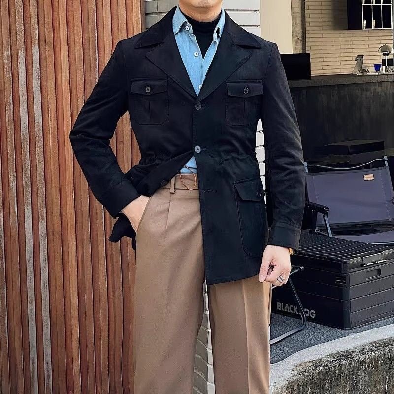 Men's Suede Look Field Jacket With Notch Collar And Four Pockets - Nalani - Fashion Clothing and Decor