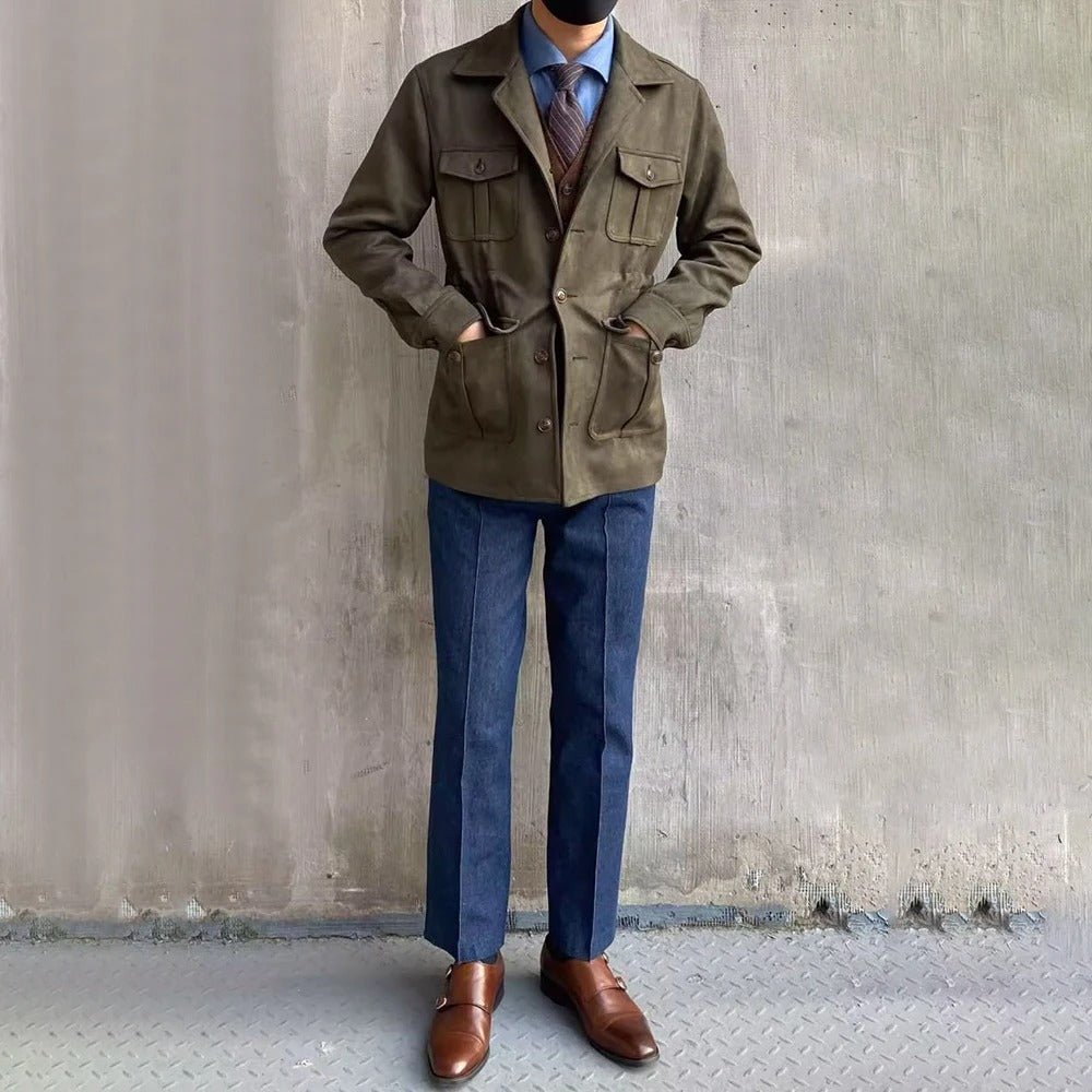 Men's Suede Look Field Jacket With Notch Collar And Four Pockets - Nalani - Fashion Clothing and Decor