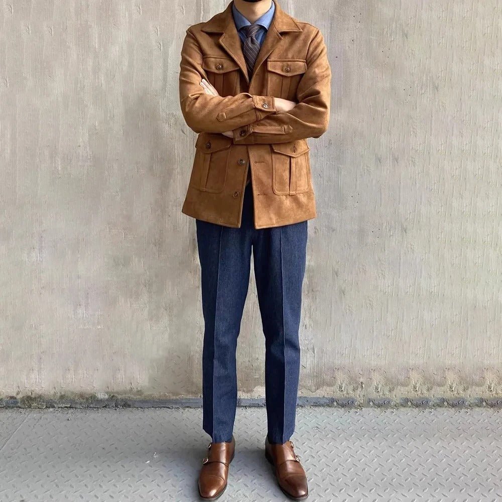 Men's Suede Look Field Jacket With Notch Collar And Four Pockets - Nalani - Fashion Clothing and Decor