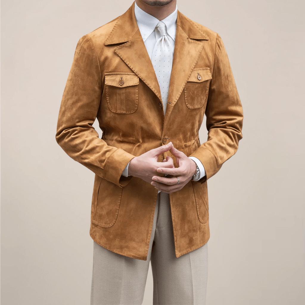 Mens Suede Safari Jacket Slim Fit With Four Pocket - Nalani - Fashion Clothing and Decor