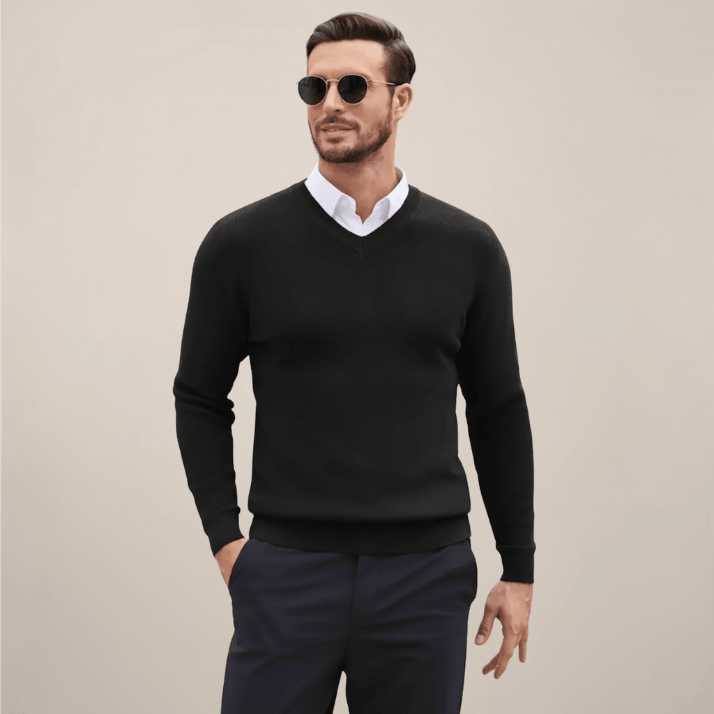 Mens V Neck Sweater For Autumn And Winter Layering Classic Knit - Nalani - UK Fashion Clothing and Decor