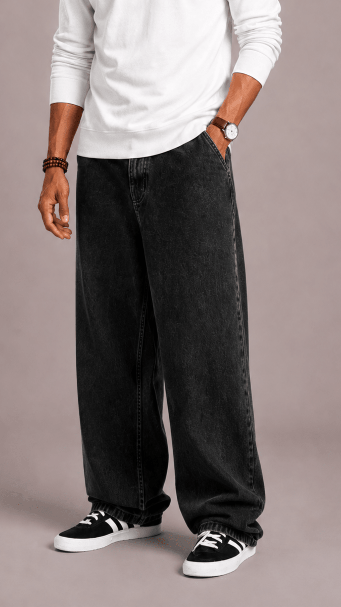 Men's Wide Leg Jeans – Loose Fit Baggy Jeans with Straight Leg, Five Pocket, Black or Blue, S–3XL – Hommes - Nalani - Fashion Clothing and Decor