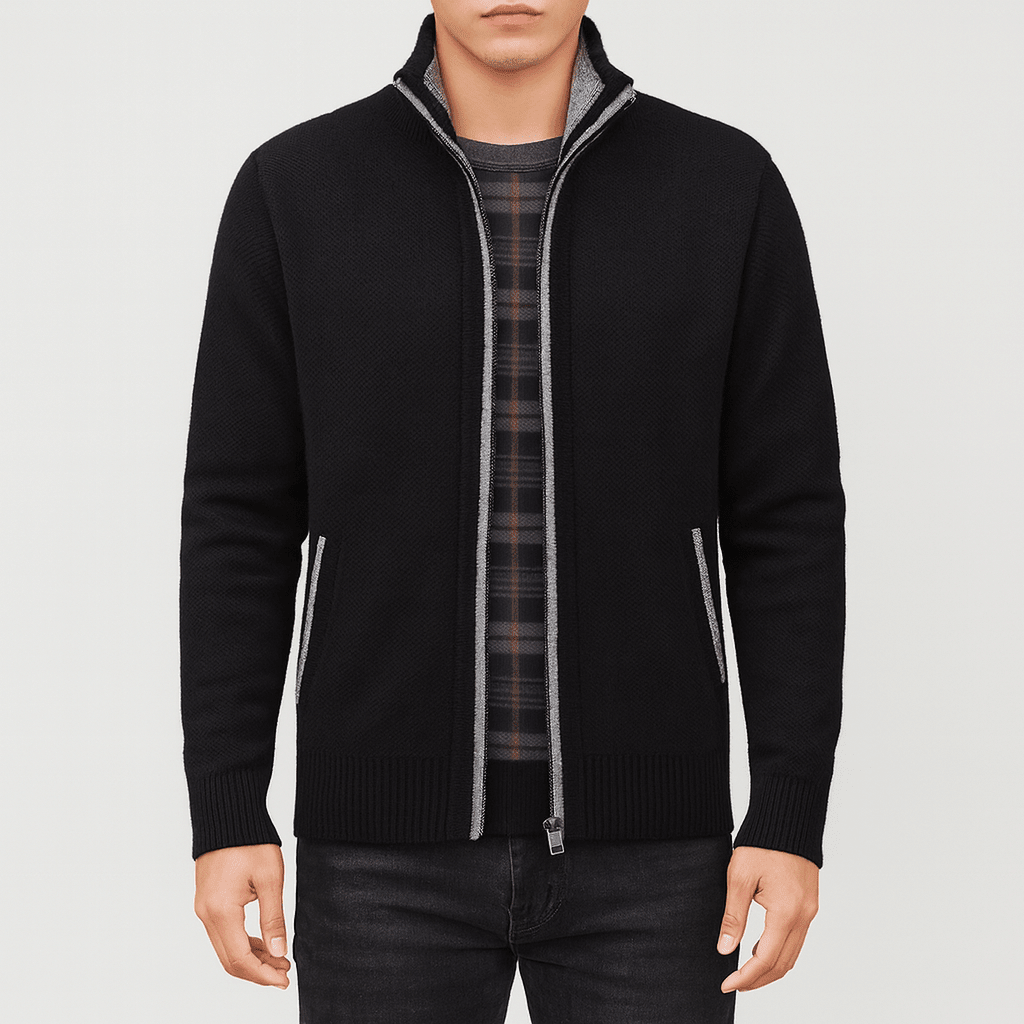 Mens Zip Up Cardigan With High Collar For Office Or Casual Wear - Nalani - UK Fashion Clothing and Decor