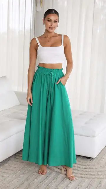 Nalani | Women's Palazzo Trousers - High Waist - Wide Leg - Elastic Drawstring - Full Length - Nalani - UK Fashion Clothing and Decor