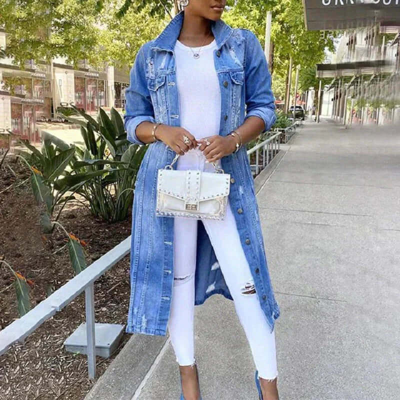Nalani Women’s Trench Coat – Denim – Relaxed Fit – Distressed – Full Length – Button Front - Nalani - UK Fashion Clothing and Decor