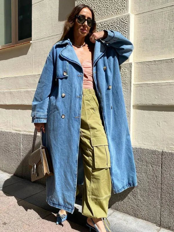 Nalani Women’s Trench Coat – Oversized Fit – Denim Texture – Full Length – Button Front - Nalani - UK Fashion Clothing and Decor