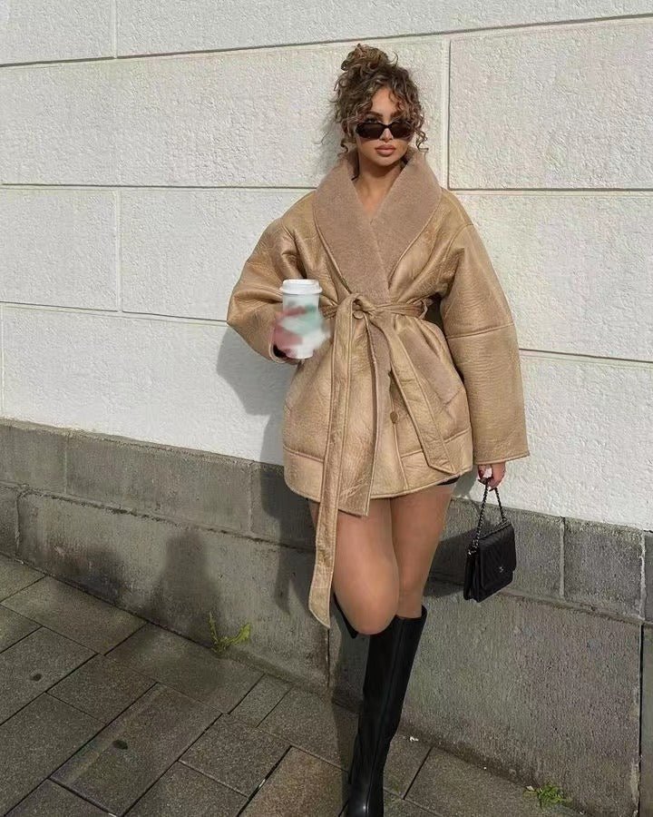 Nalani Women’s Trench Coat – Oversized Relaxed Fit – Plush Wool Blend – Self - Tie Belt – Mid - Thigh Length - Nalani - UK Fashion Clothing and Decor
