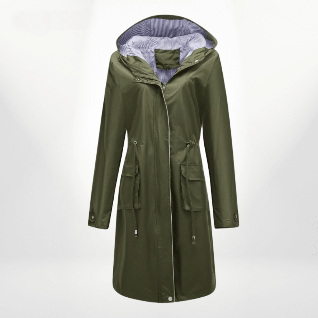 Nalani Women’s Trench Coat – Waterproof Over - Knee – Hooded – Adjustable Waist – Flap Pockets - Nalani - UK Fashion Clothing and Decor