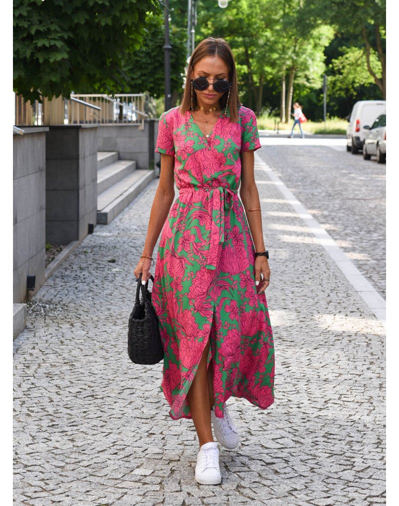 Nalani | Women's wrap dress with floral pattern and V - neck | Midi - Nalani - Fashion Clothing and Decor
