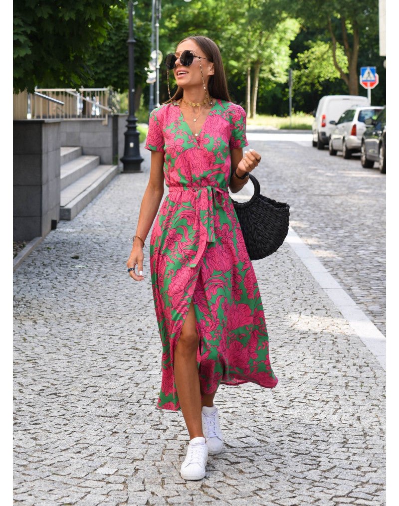 Nalani | Women's wrap dress with floral pattern and V - neck | Midi - Nalani - Fashion Clothing and Decor