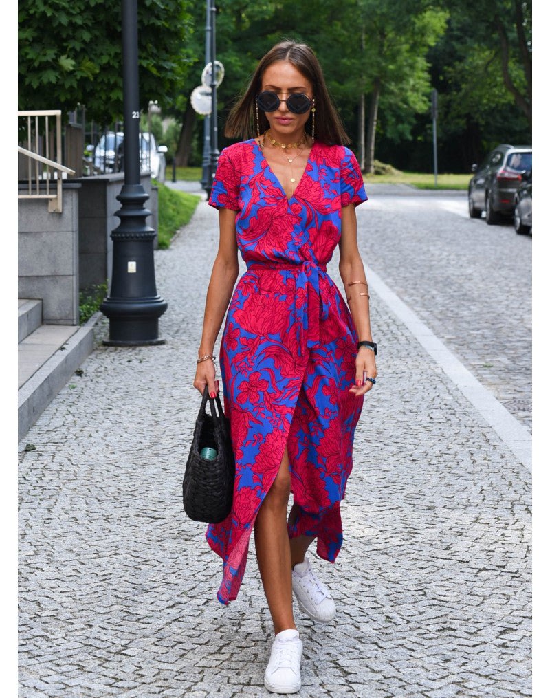 Nalani | Women's wrap dress with floral pattern and V - neck | Midi - Nalani - Fashion Clothing and Decor