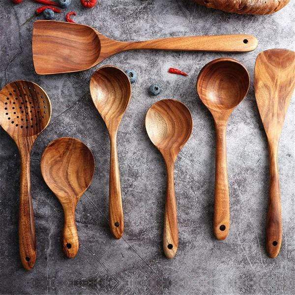 Natural Wooden Kitchen Set – Rustic Wooden Cooking Utensils, Set of 4 or 7 Pieces – RustiCook - Nalani - Fashion Clothing and Decor