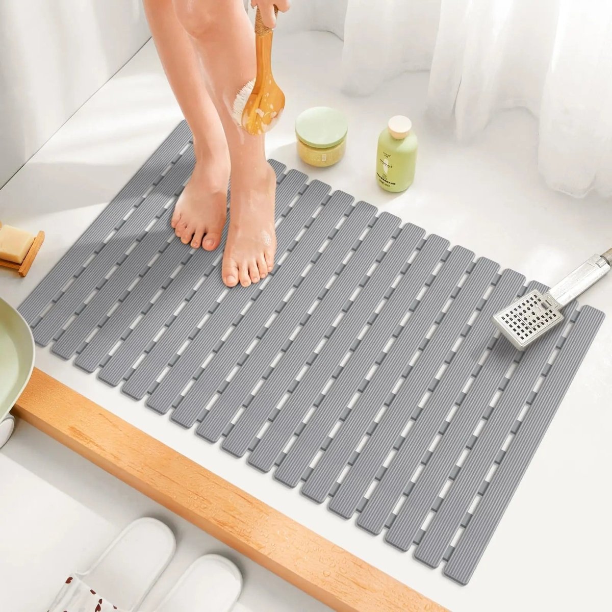 Non-Slip Bath Mat with Suction Cups and Drain Holes – Soft TPE Shower & Bathtub Mat, 16 x 25 in, 4 Colors - Nalani - Fashion Clothing and Decor