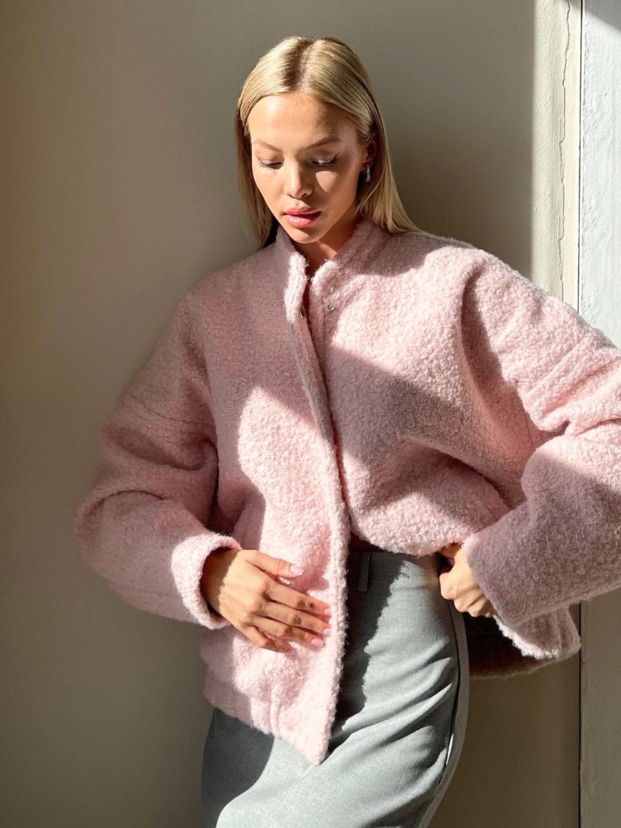 Norvia | Pink Winter Coat With Stand Collar And Dropped Shoulders - Nalani - UK Fashion Clothing and Decor