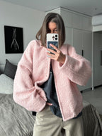 Norvia | Pink Winter Coat With Stand Collar And Dropped Shoulders - Nalani - UK Fashion Clothing and Decor