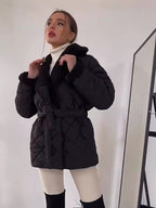 Norvia | Short Cotton Winter Coat With Lapel And Waist Belt Women - Nalani - UK Fashion Clothing and Decor