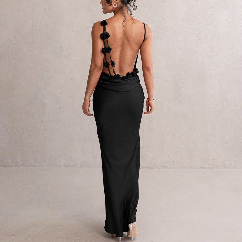 Norvia | Women's Evening Prom Gown Dress - Satin Floor - Length - Backless Floral Appliqué - Form - Fitting - Nalani - UK Fashion Clothing and Decor