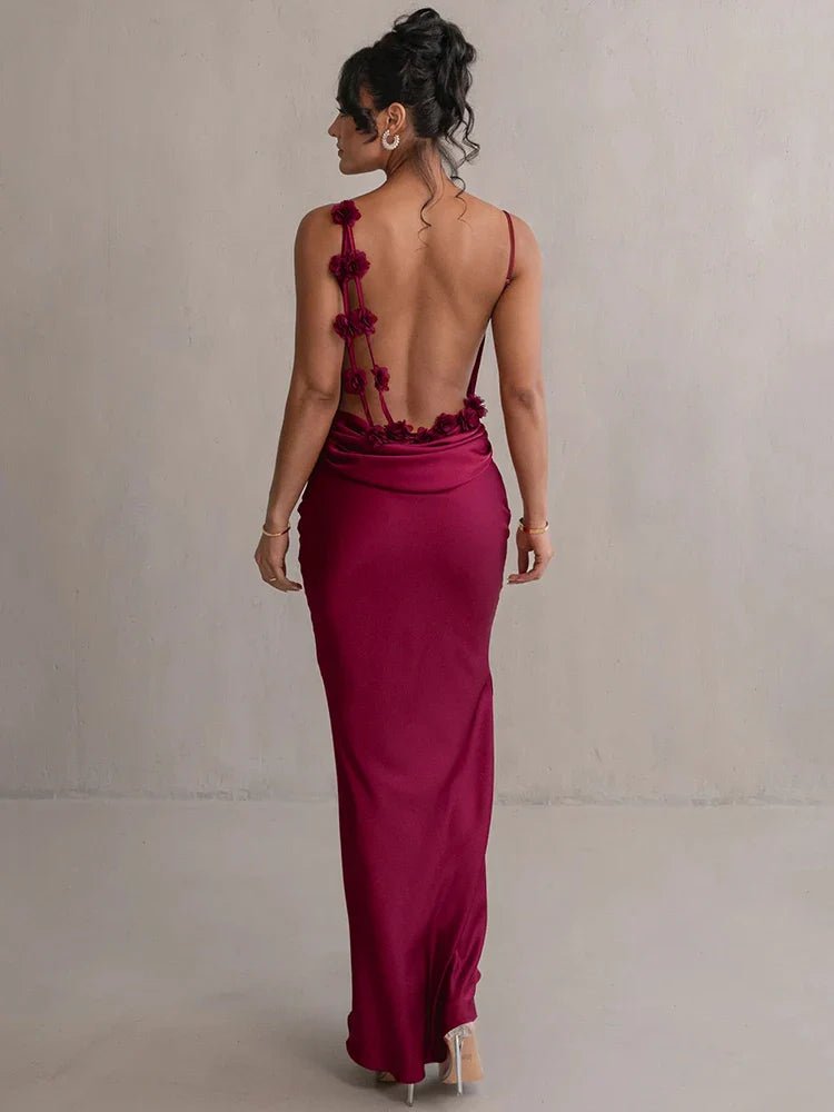 Norvia | Women's Evening Prom Gown Dress - Satin Floor - Length - Backless Floral Appliqué - Form - Fitting - Nalani - UK Fashion Clothing and Decor