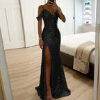 Norvia | Women's Evening Prom Gown - Sequined Off - Shoulder - Fitted Silhouette - V - Neck Full Length - Nalani - UK Fashion Clothing and Decor