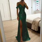 Norvia | Women's Evening Prom Gown - Sequined Off - Shoulder - Fitted Silhouette - V - Neck Full Length - Nalani - UK Fashion Clothing and Decor