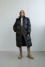 Norvia - Women’s Long Puffer Trench Coat – Oversized Fit – Quilted Insulated – Hooded Zip Closure - Nalani - UK Fashion Clothing and Decor