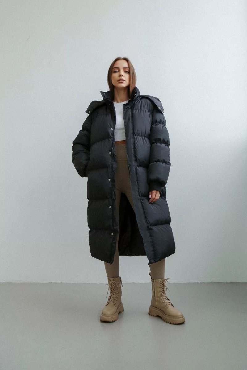 Norvia - Women’s Long Puffer Trench Coat – Oversized Fit – Quilted Insulated – Hooded Zip Closure - Nalani - UK Fashion Clothing and Decor