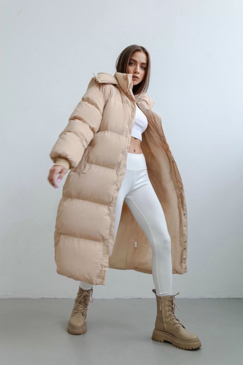 Norvia - Women’s Long Puffer Trench Coat – Oversized Fit – Quilted Insulated – Hooded Zip Closure - Nalani - UK Fashion Clothing and Decor