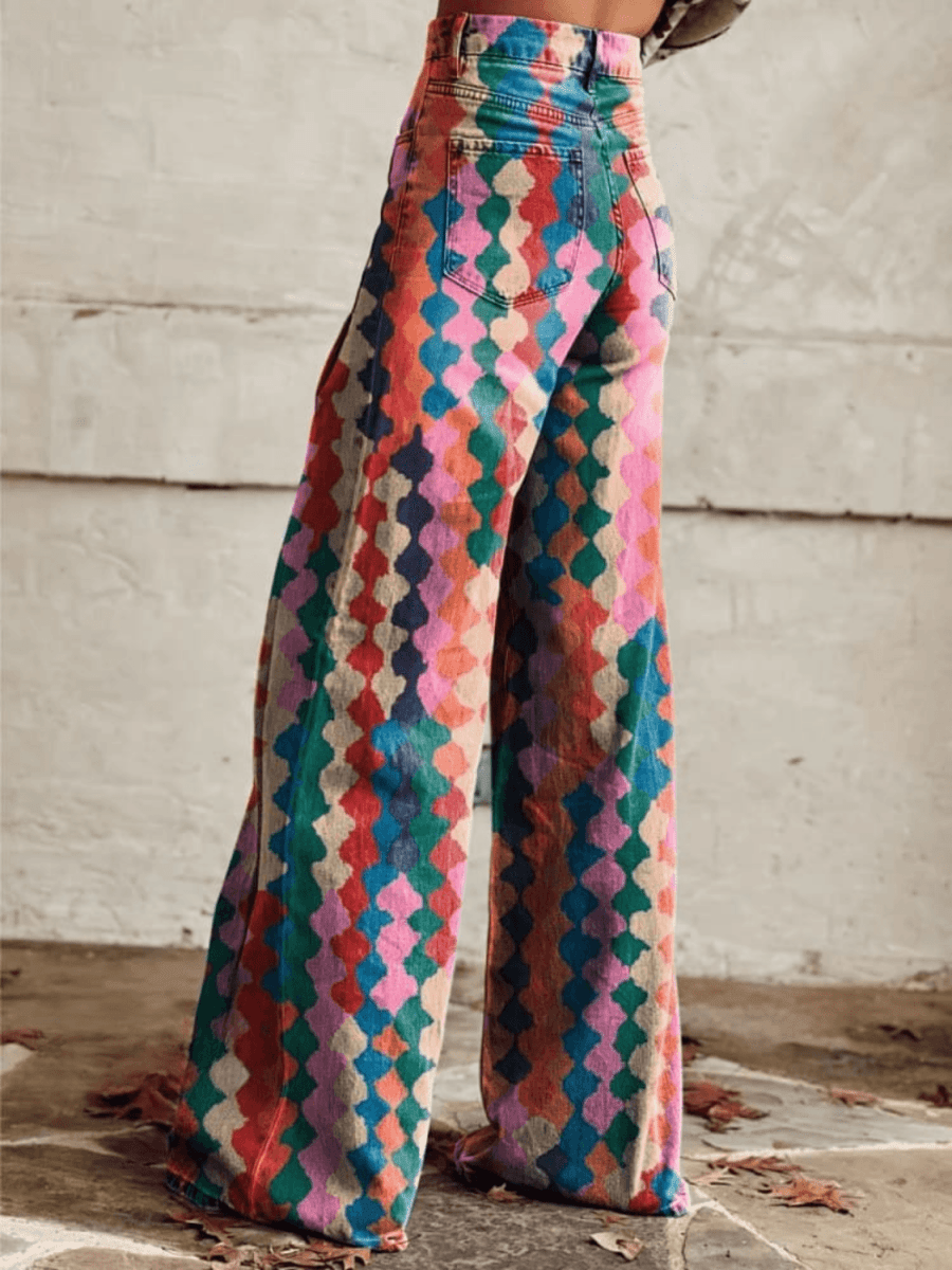 Ovara | Women's Retro Chic Wide - Leg Pants - Geometric Pattern - Vibrant Colors - Casual Elegance - Nalani - UK Fashion Clothing and Decor
