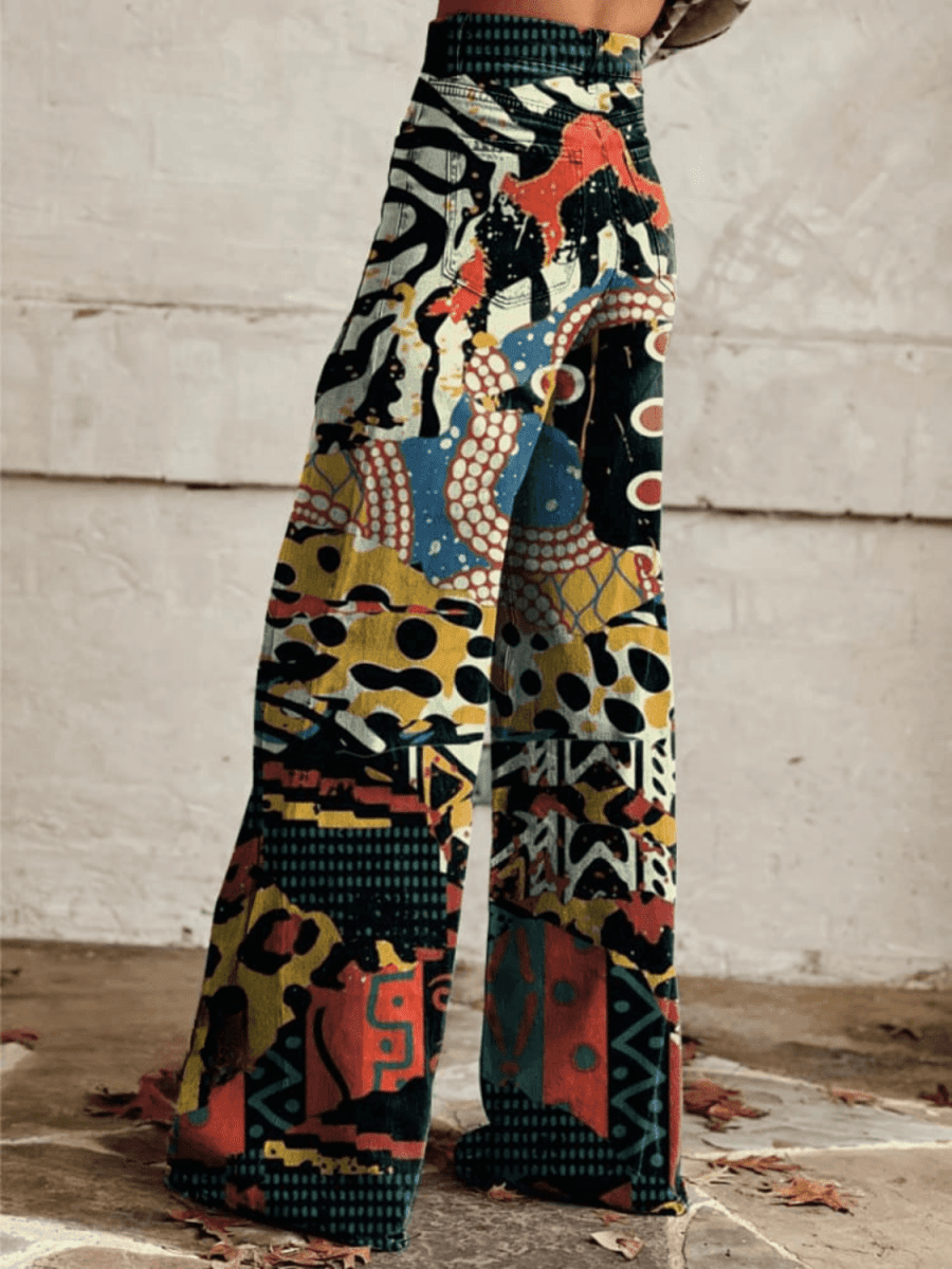 Ovara | Women's Wide - Leg Trousers – High - Waisted – Statement Abstract Print – Denim Vintage Look - Nalani - UK Fashion Clothing and Decor