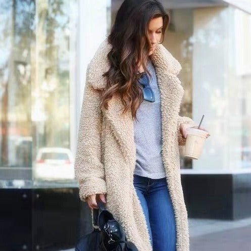 Oversized Winter Teddy Coat With Lapel Collar And Knee Length Pockets - Nalani - UK Fashion Clothing and Decor