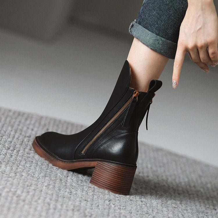 Pamelo | Women's Heeled Boots - Structured Block Heel Booties - Nalani - Fashion Clothing and Decor