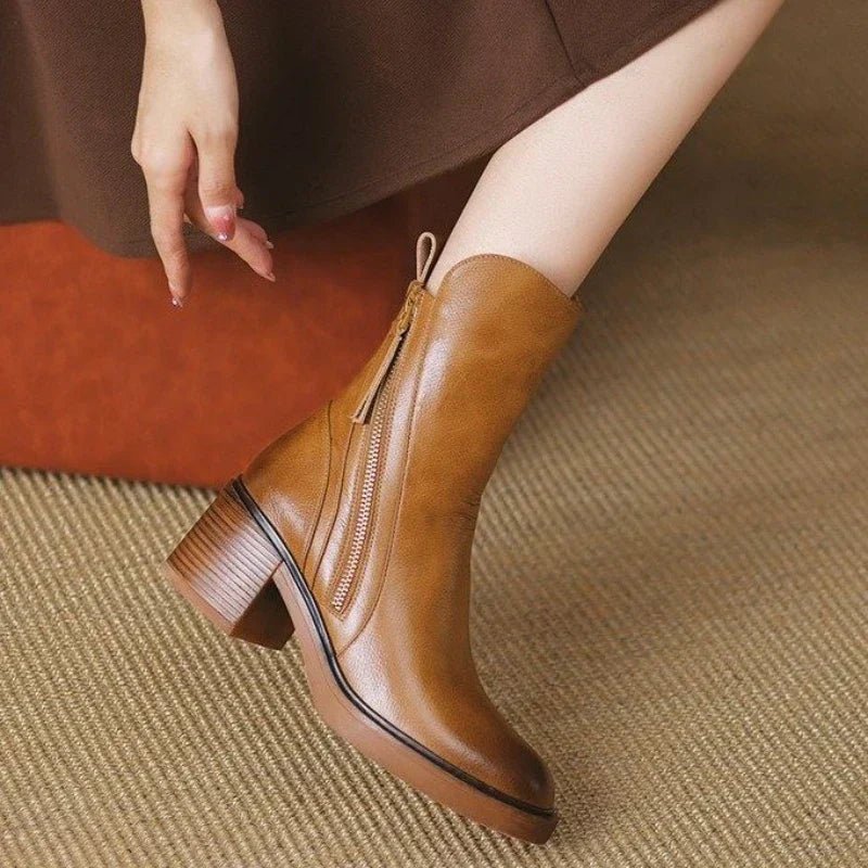 Pamelo | Women's Heeled Boots - Structured Block Heel Booties - Nalani - Fashion Clothing and Decor