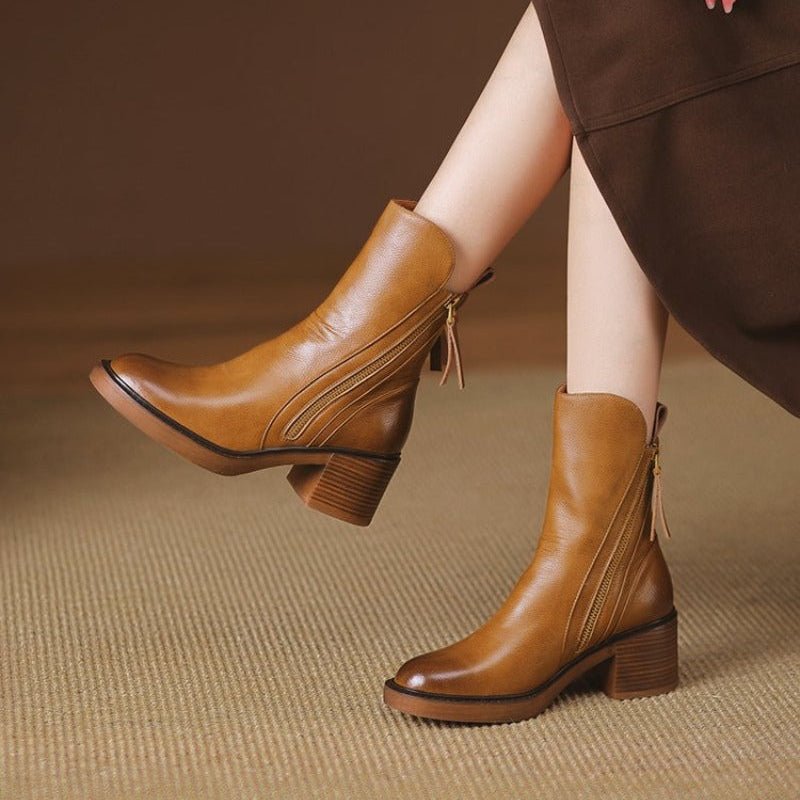 Pamelo | Women's Heeled Boots - Structured Block Heel Booties - Nalani - Fashion Clothing and Decor