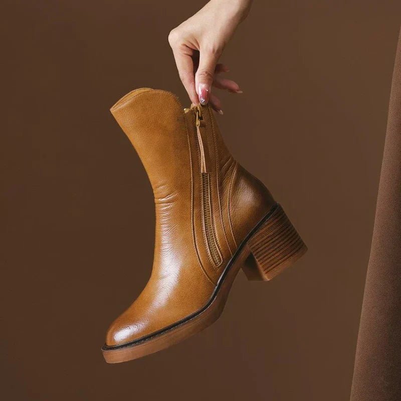 Pamelo | Women's Heeled Boots - Structured Block Heel Booties - Nalani - Fashion Clothing and Decor