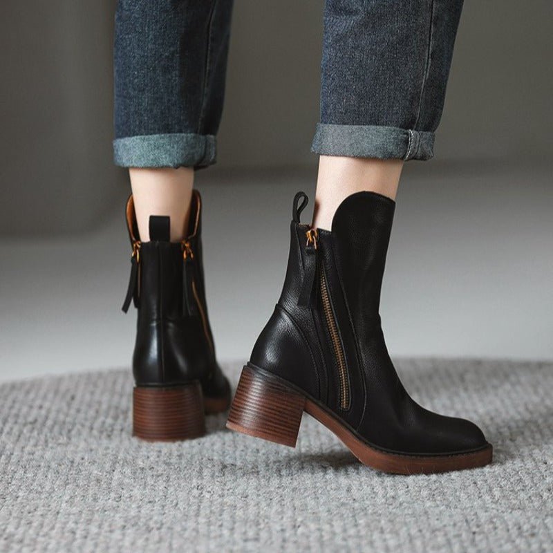 Pamelo | Women's Heeled Boots - Structured Block Heel Booties - Nalani - Fashion Clothing and Decor