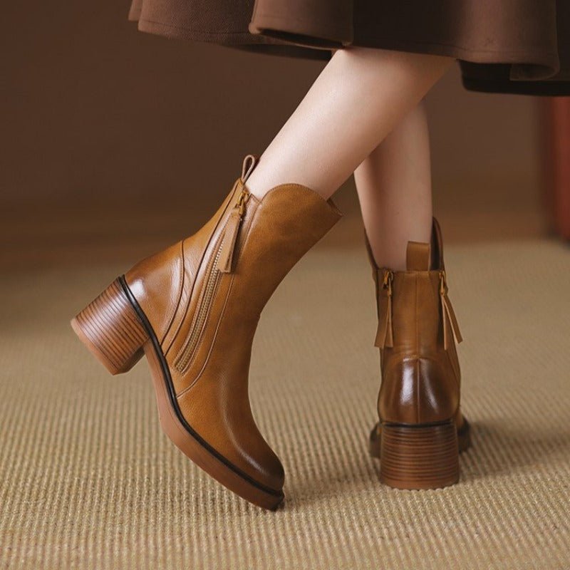 Pamelo | Women's Heeled Boots - Structured Block Heel Booties - Nalani - Fashion Clothing and Decor