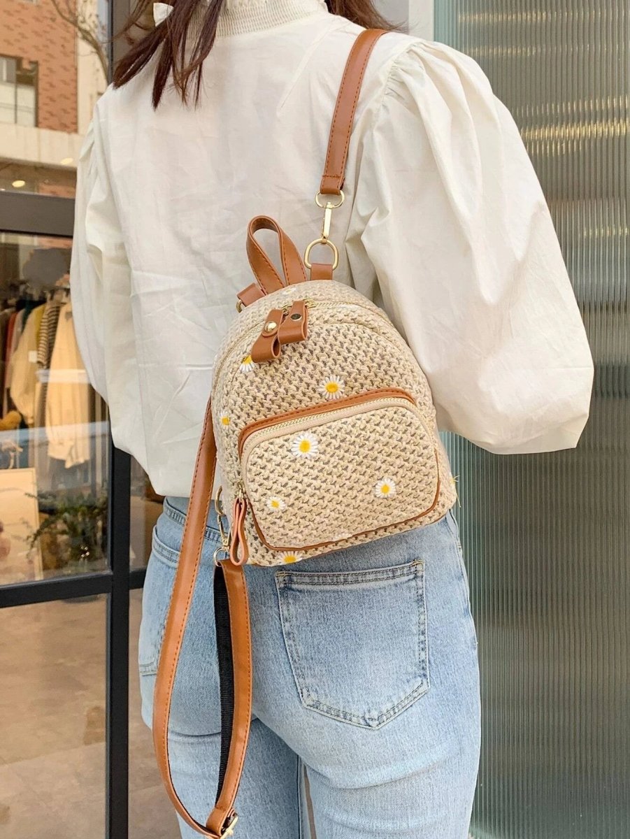Petite Floré Embroidered Student Bag Handwoven Straw Texture - Nalani - Fashion Clothing and Decor