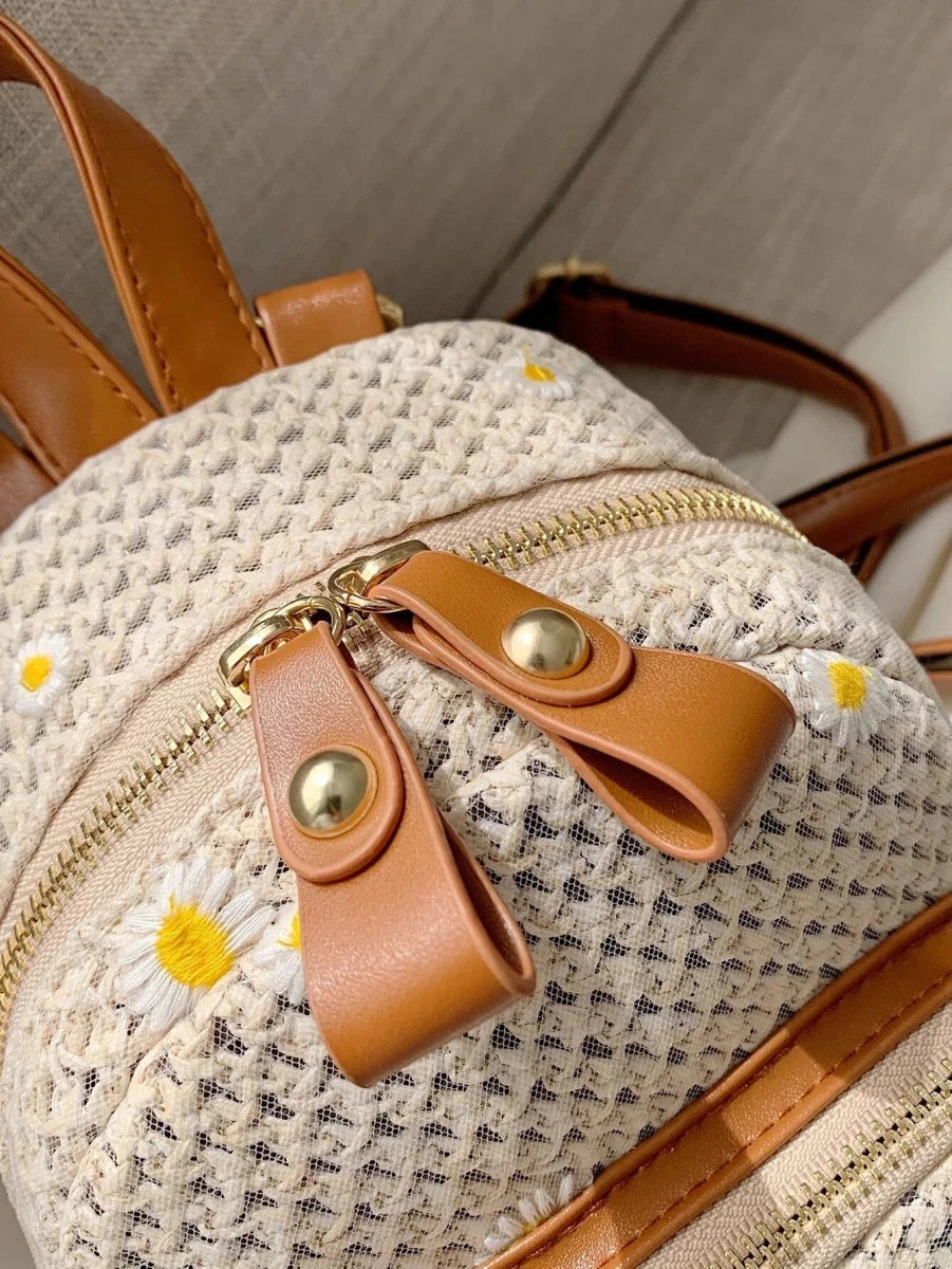 Petite Floré Embroidered Student Bag Handwoven Straw Texture - Nalani - Fashion Clothing and Decor