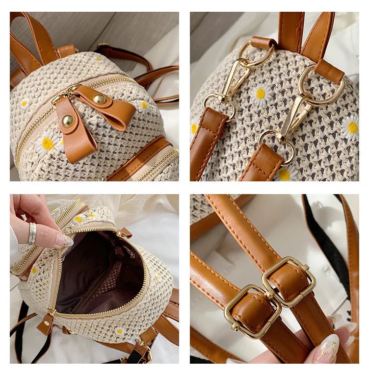 Petite Floré Embroidered Student Bag Handwoven Straw Texture - Nalani - Fashion Clothing and Decor